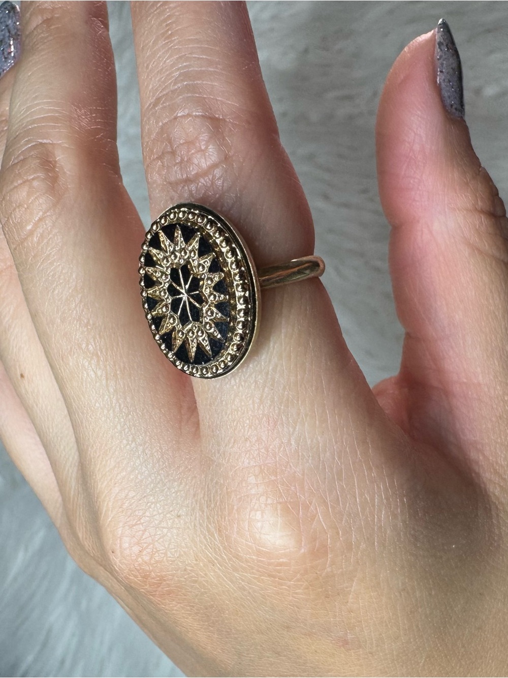 Gold-Tone Black Enamel Sunburst Statement Ring